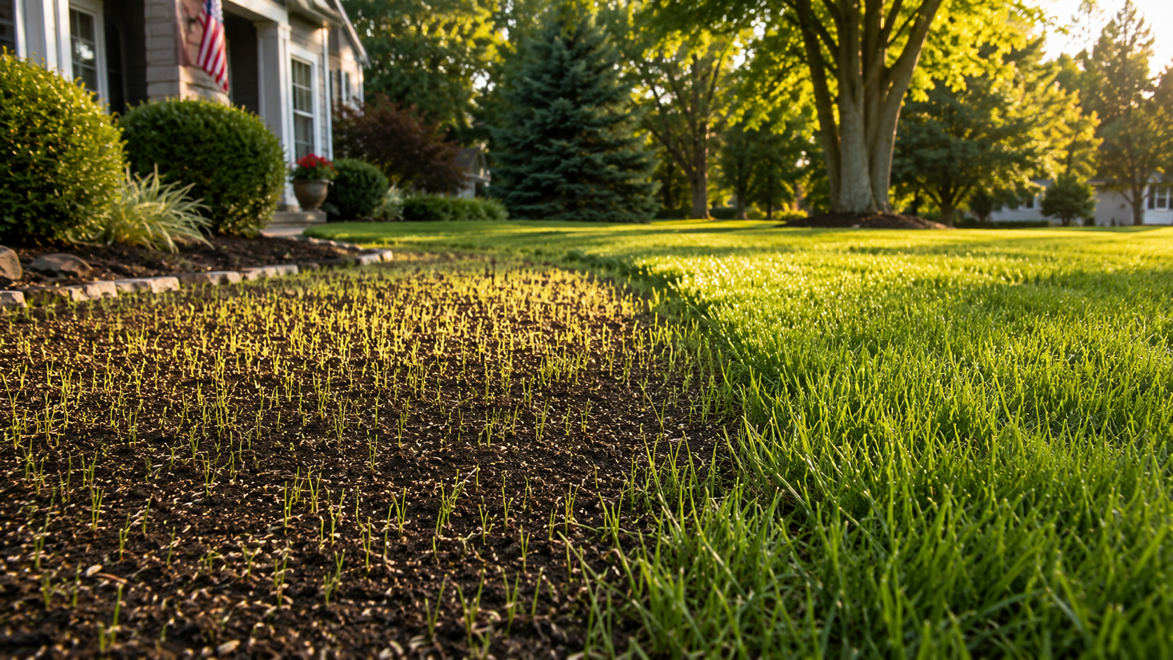 Late summer grass seeding on a residential lawn in Southeast Michigan