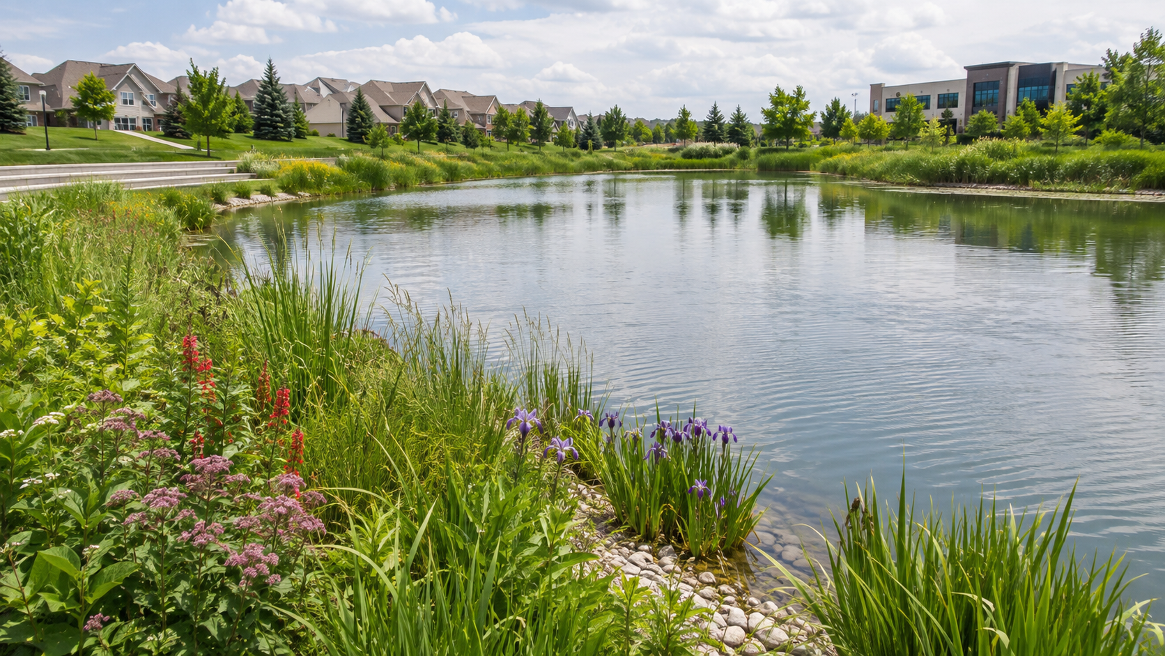 Native wetland plants growing along a retention pond shoreline in Southeast Michigan