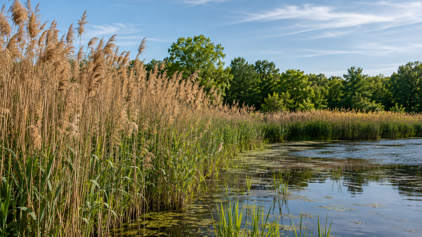 Invasive Phragmites growing along a Southeast Michigan wetland shoreline